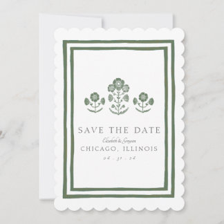 Green and White Botanical Block Print Wedding Save The Date