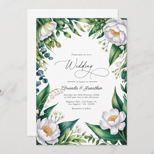 Green and White Botanical Floral Wedding QR Code Invitation (Front/Back)