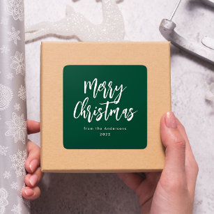 Green and White Brush Script Merry Christmas Square Sticker