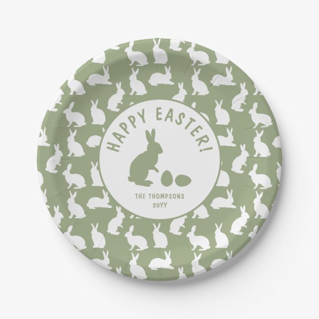 Green And White Bunny Pattern Happy Easter Paper Plate (Front)