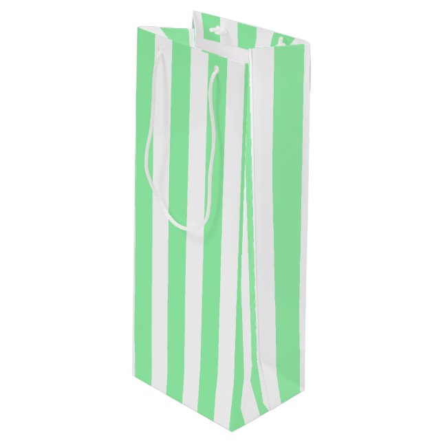 Green and white candy stripes wine gift bag (Front Angled)