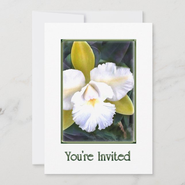 Green and White Cattleya Orchids Invitation (Front)