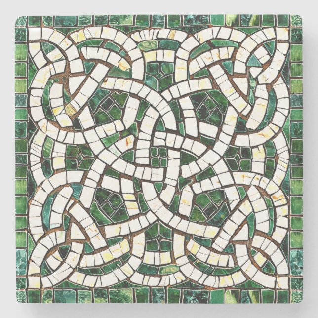 Green and White Celtic Knot Stone Mosaic Coaster (Front)
