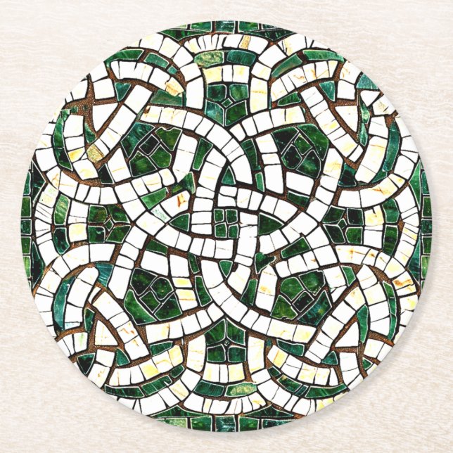 Green and White Celtic Knot Stone Mosaic Round Paper Coaster (Front)