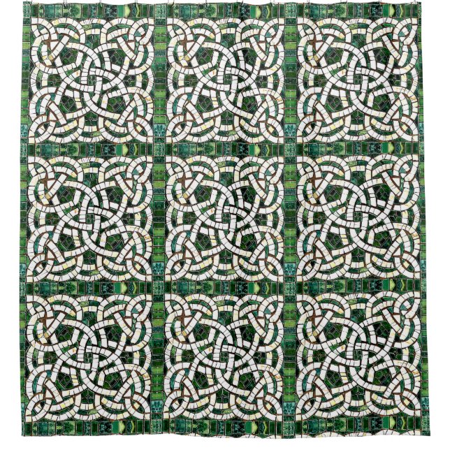 Green and White Celtic Knot Stone Mosaic Shower Curtain (Front)