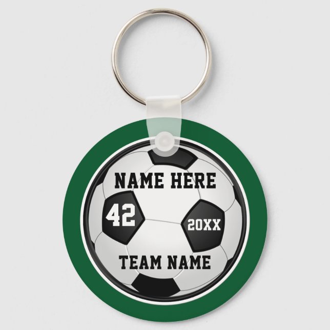Green and White Cheap Soccer Gifts, Personalised Key Ring (Front)
