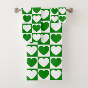Green and White Chequered Pattern With Hearts Bath Towel Set