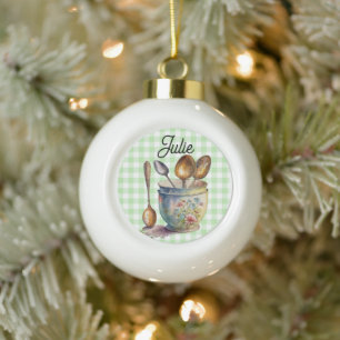 "Green and White Chequered - Spoons in Cup Ceramic Ball Christmas Ornament