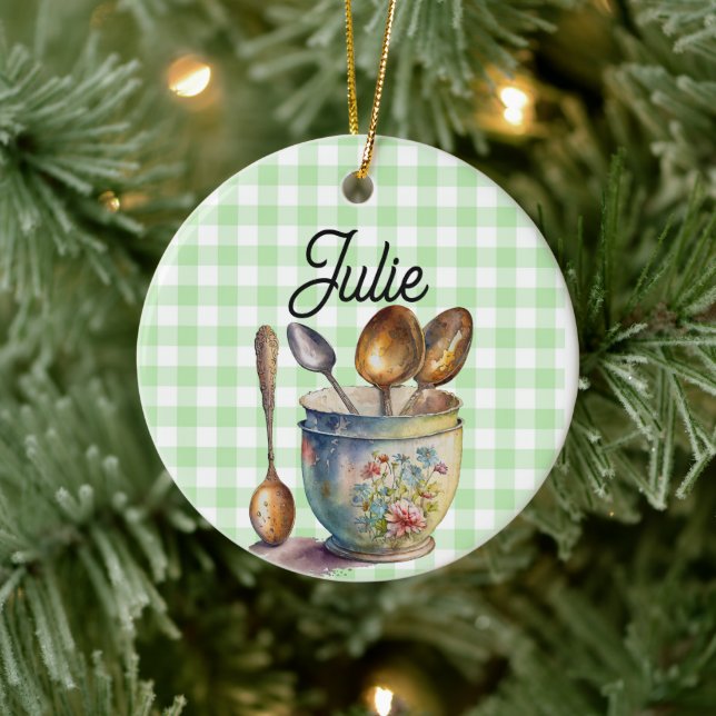 "Green and White Chequered - Spoons in Cup Ceramic Ornament (Tree)