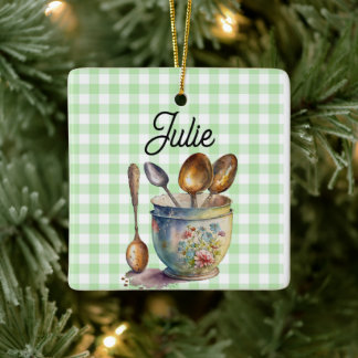 "Green and White Chequered - Spoons in Cup Ceramic Ornament