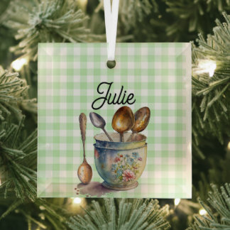 "Green and White Chequered - Spoons in Cup Glass Tree Decoration