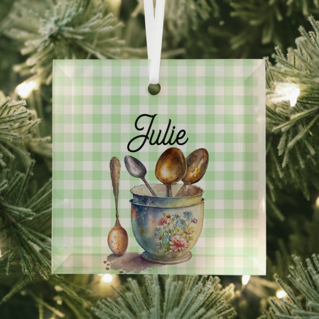 "Green and White Chequered - Spoons in Cup Glass Tree Decoration (Insitu)