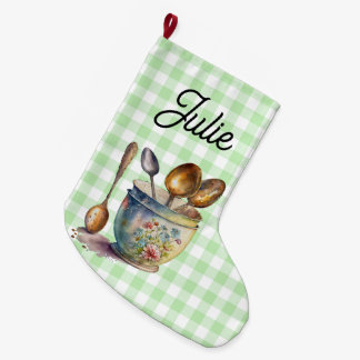 "Green and White Chequered - Spoons in Cup Large Christmas Stocking