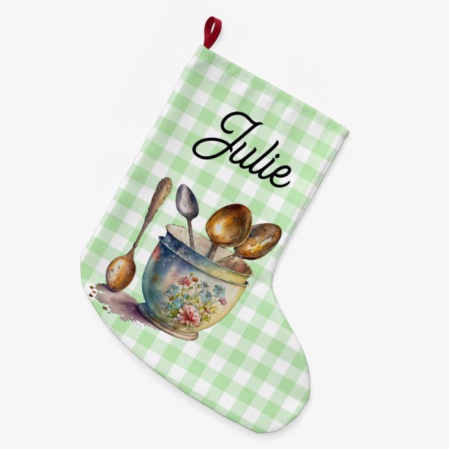 "Green and White Chequered - Spoons in Cup Large Christmas Stocking (Front (Hanging))