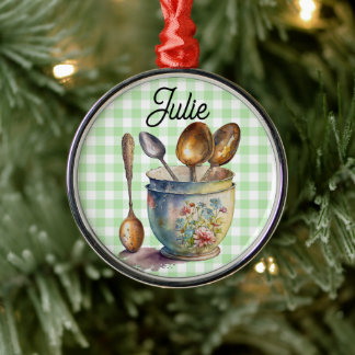 "Green and White Chequered - Spoons in Cup Metal Ornament