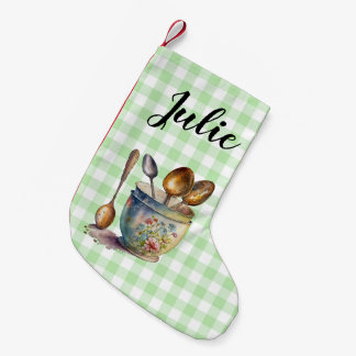 "Green and White Chequered - Spoons in Cup Small Christmas Stocking