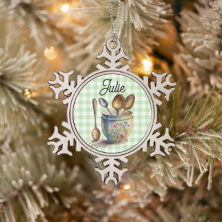 "Green and White Chequered - Spoons in Cup Snowflake Pewter Christmas Ornament