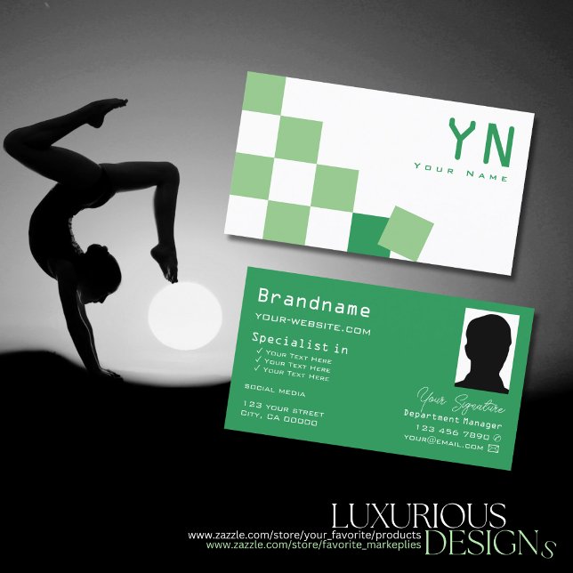 Green and White Chessboard with Monogram & Photo Business Card (Creator Uploaded)