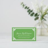 Green and White Chic Greek Key Border Business Card (Standing Front)