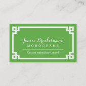 Green and White Chic Greek Key Border Business Card (Front)