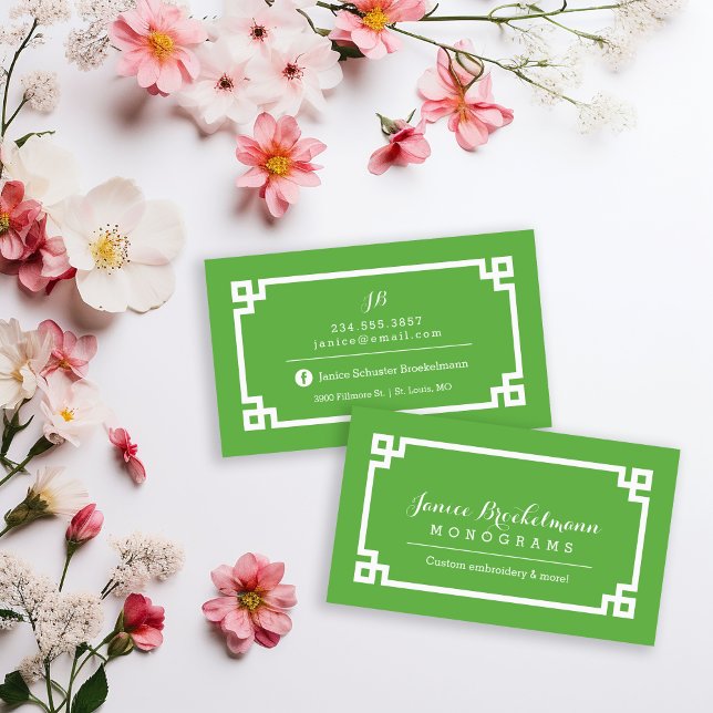 Green and White Chic Greek Key Border Business Card