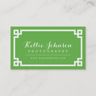 Green and White Chic Greek Key Border Business Card