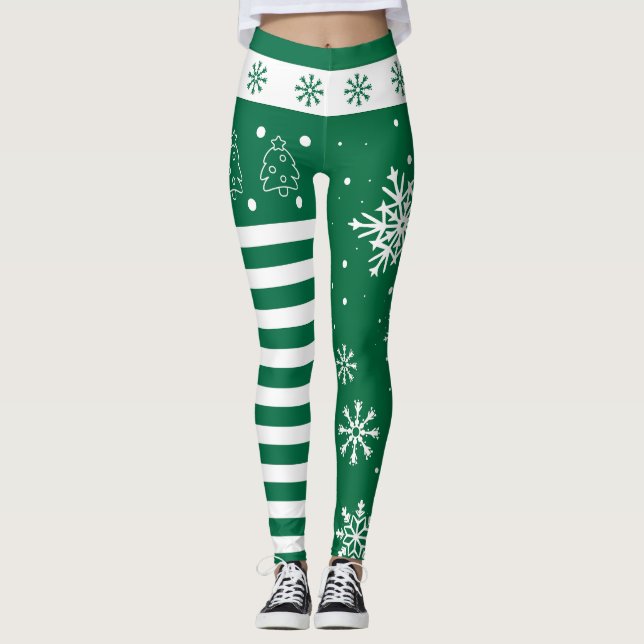 Green and White Christmas Leggings with Snowflakes (Front)