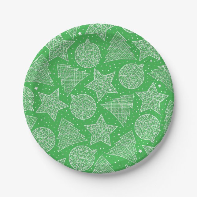 Green and White Christmas Pattern Paper Plates (Front)