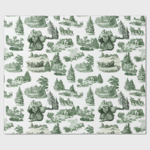 Green and White Christmas Toile Aesthetic Wrapping Paper