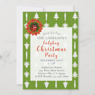 Green and White Christmas Tree Ladybug Party Invitation