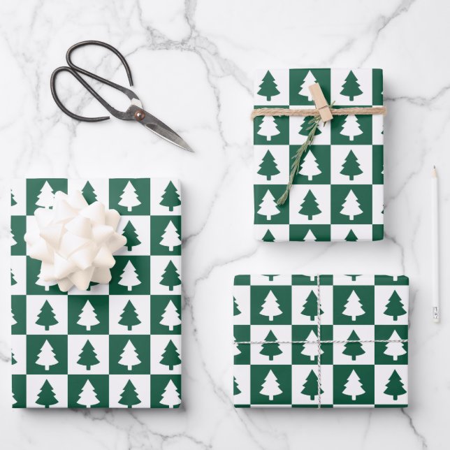Green and White Christmas Tree Pattern Wrapping Paper Sheet (Front)