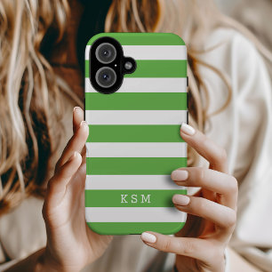 Green and White Classic Stripes Monogram iPhone 16 Case