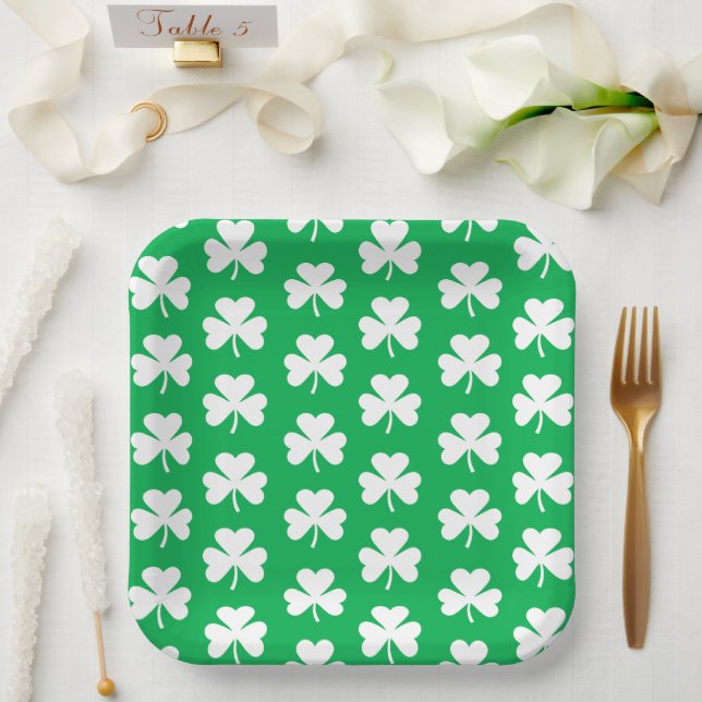 Green and White Clover Pattern Paper Plate (Wedding)