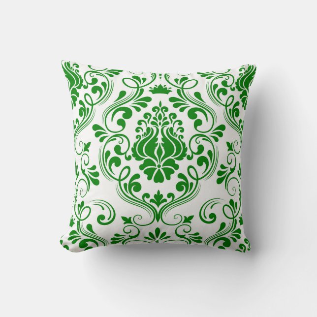 Green and White Damask Floral Pattern Elegant Cushion (Front)
