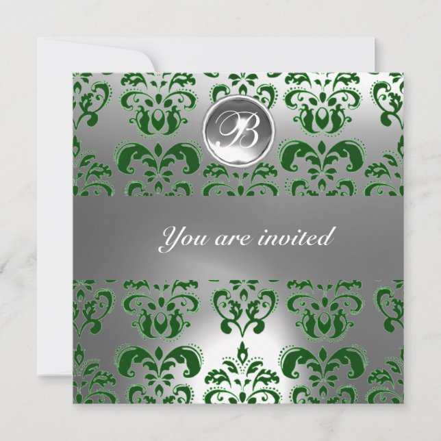 GREEN AND WHITE DAMASK GEM STONE MONOGRAM INVITATION (Front)