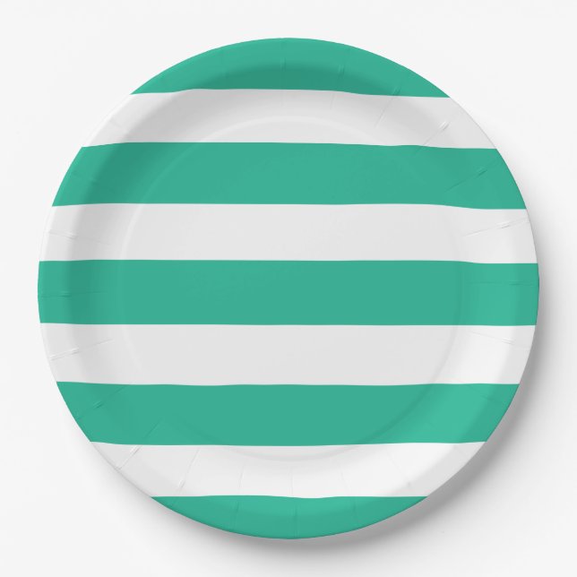 Green and White Deckchair Stripes Paper Plate (Front)