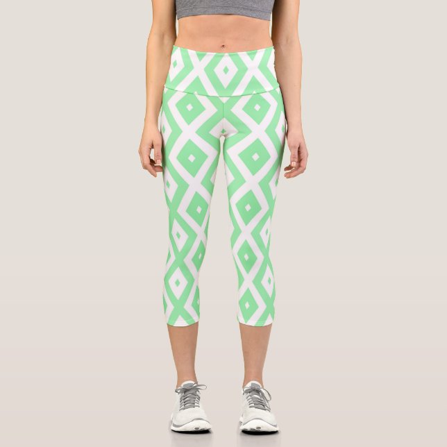 Green and white diamond pattern capri leggings (Front)