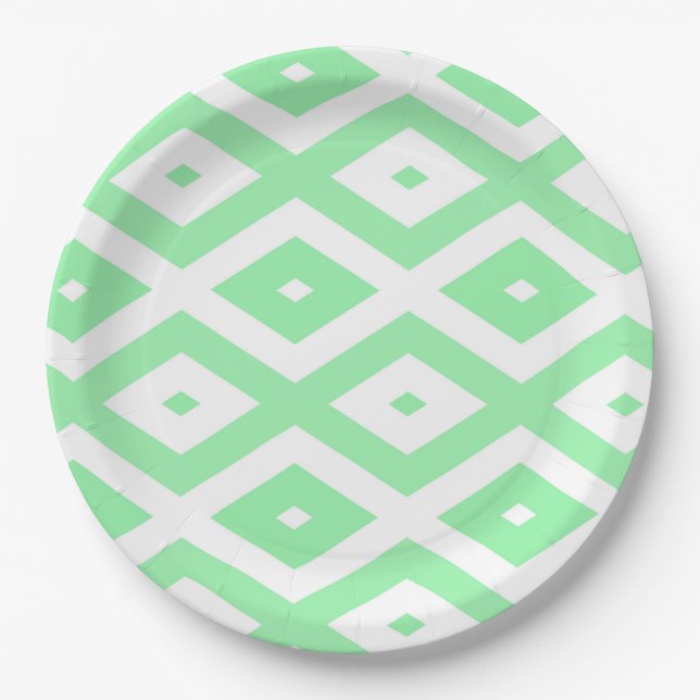 Green and white diamond pattern paper plate (Front)