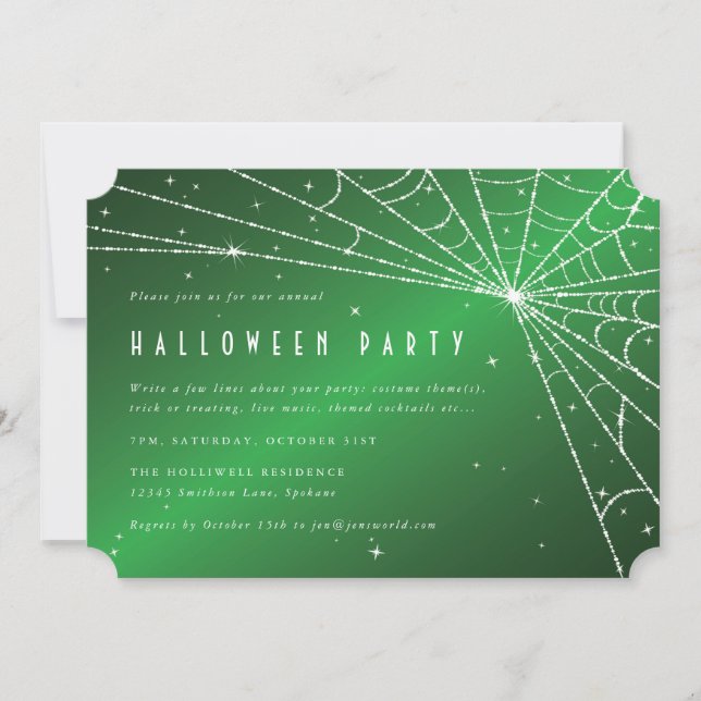 Green and White Diamond Spider Web Halloween Party Invitation (Front)