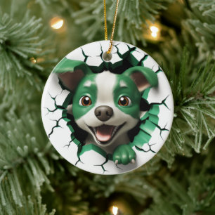 Green and White Dog Peeking Ceramic Ornament