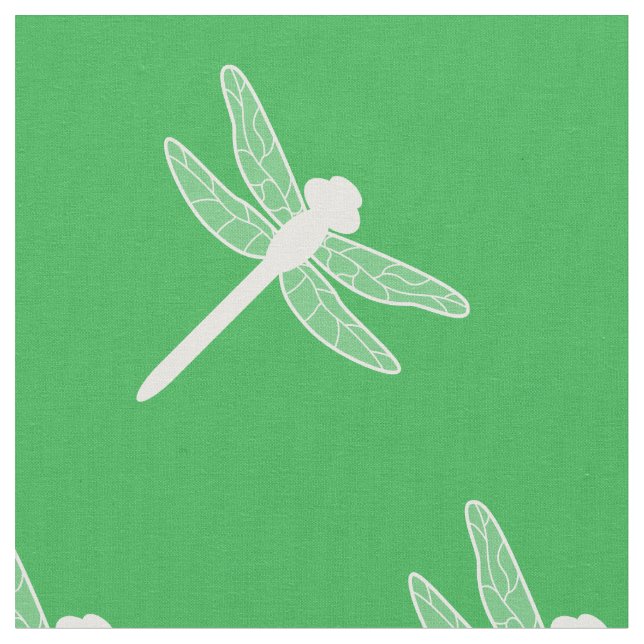 Green And White Dragonfly Silhouette Pattern Fabric (Close Up)