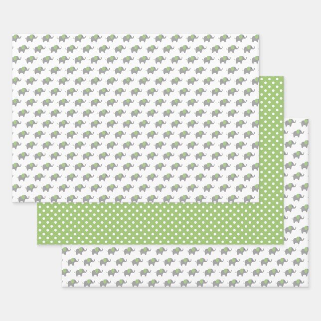 Green and White Elephant Baby Shower Wrapping Paper Sheet (Set)