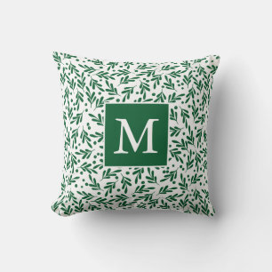 Green and White Festive Foliage   Holiday Monogram Cushion