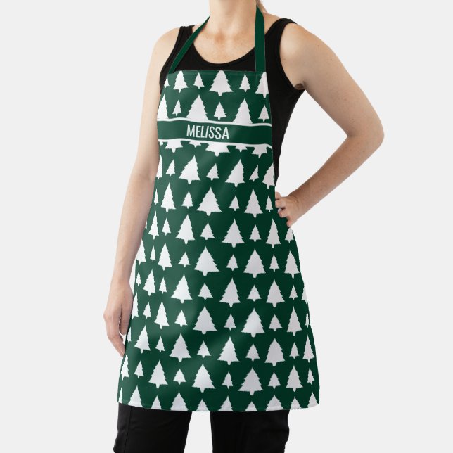 Green And White Fir Christmas Tree Pattern & Name Apron (Insitu)