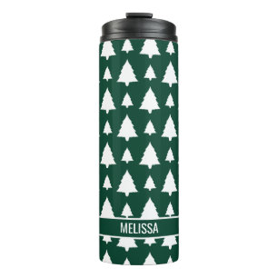Green And White Fir Christmas Tree Pattern & Name Thermal Tumbler
