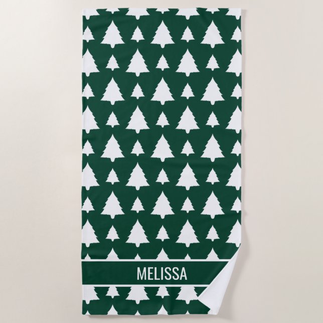 Green And White Fir Christmas Tree Pattern & Text Beach Towel (Front)