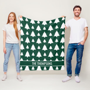 Green And White Fir Christmas Tree Pattern & Text Fleece Blanket