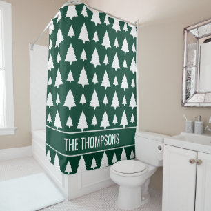 Green And White Fir Christmas Tree Pattern & Text Shower Curtain