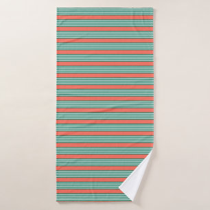 Green and white five stripe pattern with coral bath towel