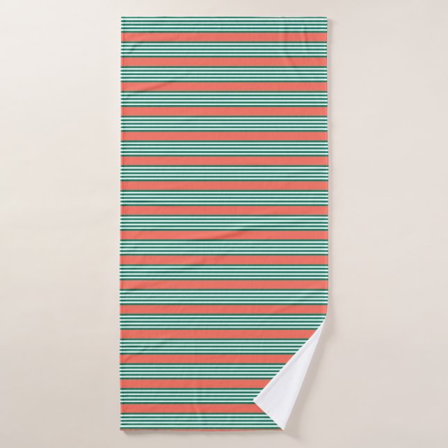 Green and white five stripe pattern with coral bath towel (Bath Towel)